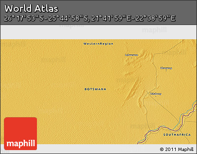 Physical 3D Map of the Area around 26° 1' 26" S, 22° 10' 29" E