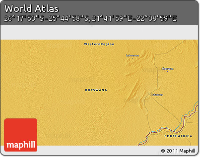 Physical 3D Map of the Area around 26° 1' 26" S, 22° 10' 29" E