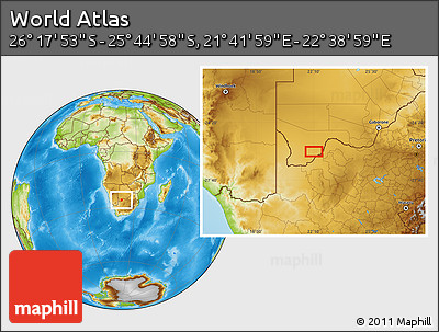 Physical Location Map of the Area around 26° 1' 26" S, 22° 10' 29" E