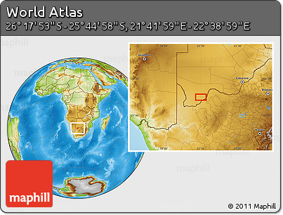 Physical Location Map of the Area around 26° 1' 26" S, 22° 10' 29" E