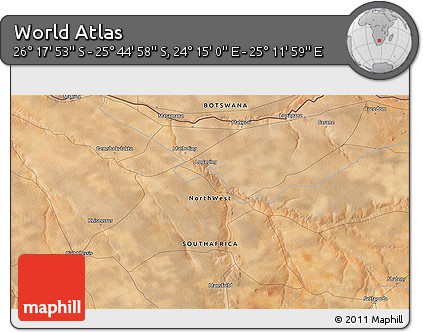 Satellite 3D Map of the Area around 26° 1' 26" S, 24° 43' 30" E