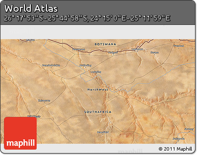 Satellite 3D Map of the Area around 26° 1' 26" S, 24° 43' 30" E
