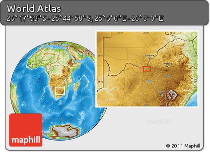 Physical Location Map of the Area around 26° 1' 26" S, 25° 34' 30" E