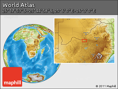 Physical Location Map of the Area around 26° 1' 26" S, 25° 34' 30" E
