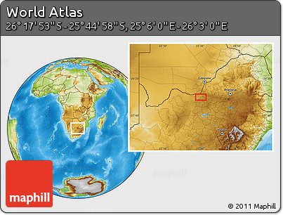 Physical Location Map of the Area around 26° 1' 26" S, 25° 34' 30" E