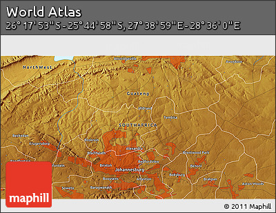 Physical 3D Map of the Area around 26° 1' 26" S, 28° 7' 30" E