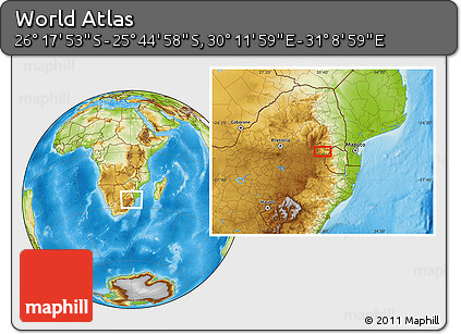 Physical Location Map of the Area around 26° 1' 26" S, 30° 40' 29" E