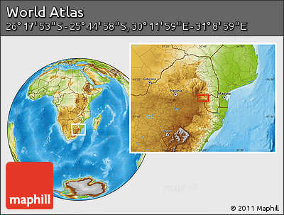 Physical Location Map of the Area around 26° 1' 26" S, 30° 40' 29" E