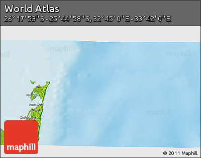 Physical 3D Map of the Area around 26° 1' 26" S, 33° 13' 30" E