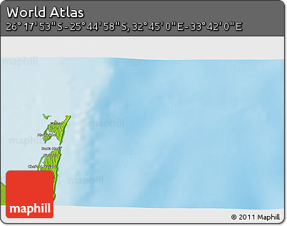 Physical 3D Map of the Area around 26° 1' 26" S, 33° 13' 30" E