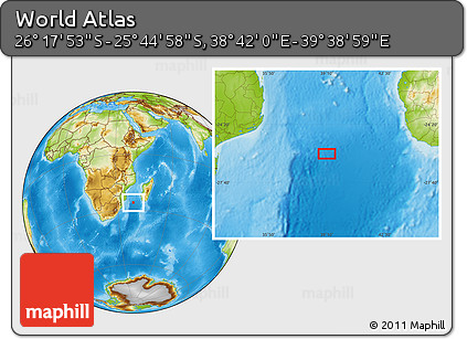 Physical Location Map of the Area around 26° 1' 26" S, 39° 10' 29" E
