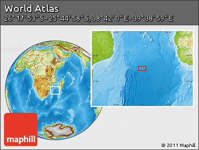 Physical Location Map of the Area around 26° 1' 26" S, 39° 10' 29" E