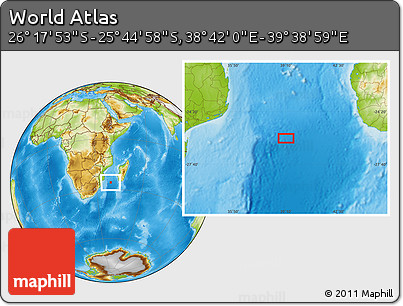 Physical Location Map of the Area around 26° 1' 26" S, 39° 10' 29" E