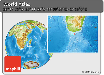Physical Location Map of the Area around 26° 1' 26" S, 45° 7' 30" E
