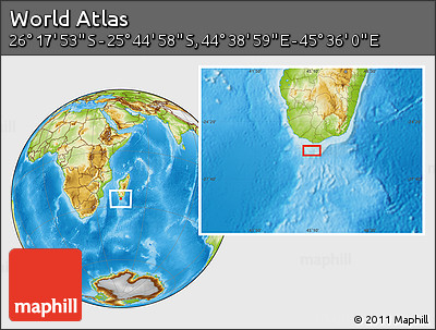 Physical Location Map of the Area around 26° 1' 26" S, 45° 7' 30" E