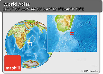 Physical Location Map of the Area around 26° 1' 26" S, 47° 40' 29" E