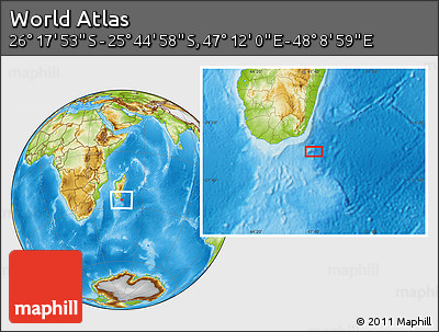 Physical Location Map of the Area around 26° 1' 26" S, 47° 40' 29" E