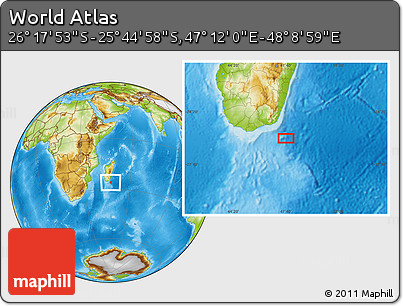 Physical Location Map of the Area around 26° 1' 26" S, 47° 40' 29" E