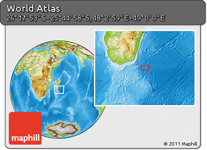 Physical Location Map of the Area around 26° 1' 26" S, 48° 31' 29" E