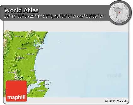Physical 3D Map of the Area around 26° 1' 26" S, 48° 22' 30" W