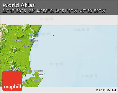 Physical 3D Map of the Area around 26° 1' 26" S, 48° 22' 30" W