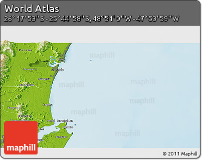 Physical 3D Map of the Area around 26° 1' 26" S, 48° 22' 30" W