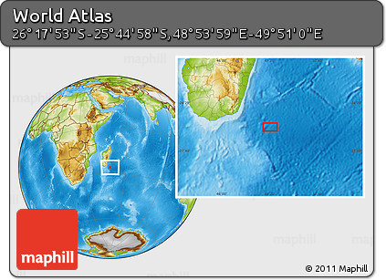 Physical Location Map of the Area around 26° 1' 26" S, 49° 22' 30" E
