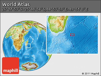 Physical Location Map of the Area around 26° 1' 26" S, 49° 22' 30" E