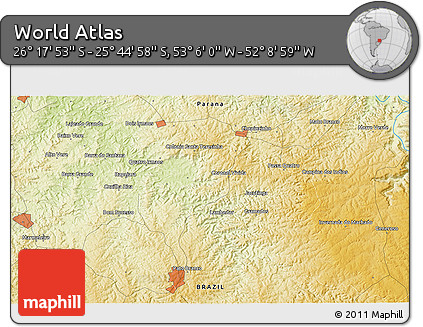 Physical 3D Map of the Area around 26° 1' 26" S, 52° 37' 30" W