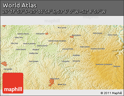 Physical 3D Map of the Area around 26° 1' 26" S, 52° 37' 30" W