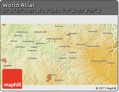 Physical 3D Map of the Area around 26° 1' 26" S, 52° 37' 30" W