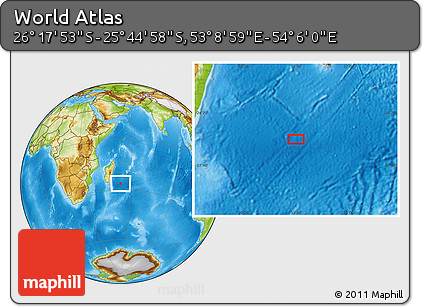 Physical Location Map of the Area around 26° 1' 26" S, 53° 37' 30" E