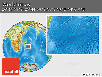 Physical Location Map of the Area around 26° 1' 26" S, 53° 37' 30" E