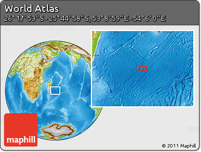 Physical Location Map of the Area around 26° 1' 26" S, 53° 37' 30" E