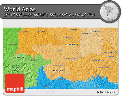 Political 3D Map of the Area around 26° 1' 26" S, 55° 10' 29" W