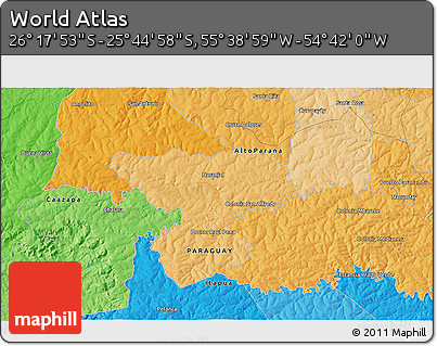 Political 3D Map of the Area around 26° 1' 26" S, 55° 10' 29" W