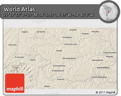 Shaded Relief 3D Map of the Area around 26° 1' 26" S, 55° 10' 29" W