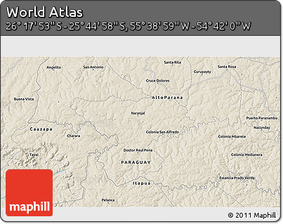 Shaded Relief 3D Map of the Area around 26° 1' 26" S, 55° 10' 29" W