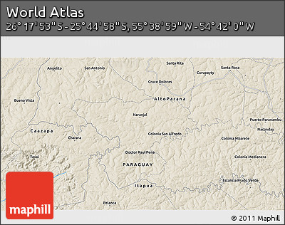 Shaded Relief 3D Map of the Area around 26° 1' 26" S, 55° 10' 29" W