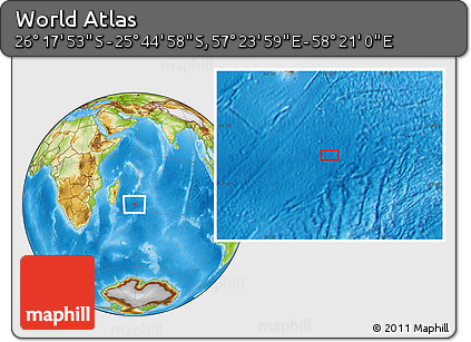 Physical Location Map of the Area around 26° 1' 26" S, 57° 52' 30" E