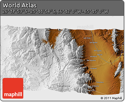 Physical 3D Map of the Area around 26° 1' 26" S, 66° 13' 29" W
