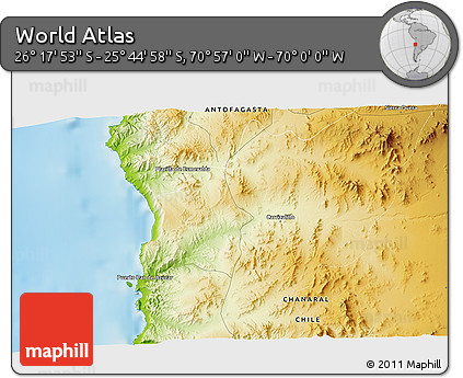 Physical 3D Map of the Area around 26° 1' 26" S, 70° 28' 29" W