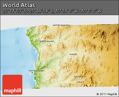Physical 3D Map of the Area around 26° 1' 26" S, 70° 28' 29" W