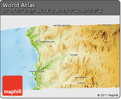 Physical 3D Map of the Area around 26° 1' 26" S, 70° 28' 29" W