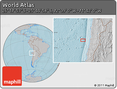 Gray Location Map of the Area around 26° 1' 26" S, 72° 10' 30" W, hill shading