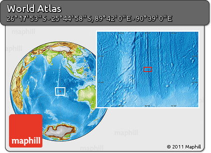 Physical Location Map of the Area around 26° 1' 26" S, 90° 10' 30" E