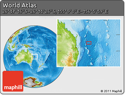 Physical Location Map of the Area around 26° 30' 51" S, 155° 37' 30" E