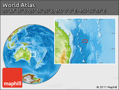 Physical Location Map of the Area around 26° 30' 51" S, 156° 28' 29" E
