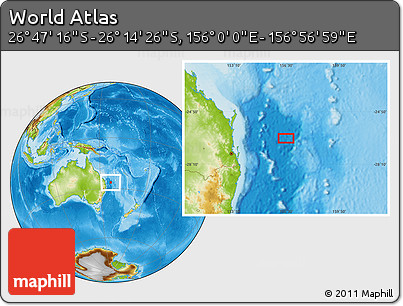 Physical Location Map of the Area around 26° 30' 51" S, 156° 28' 29" E