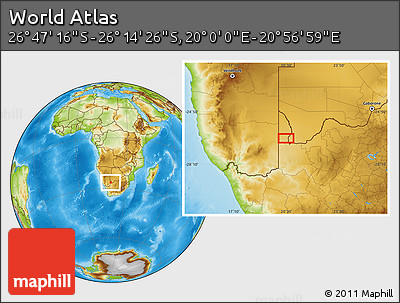 Physical Location Map of the Area around 26° 30' 51" S, 20° 28' 30" E